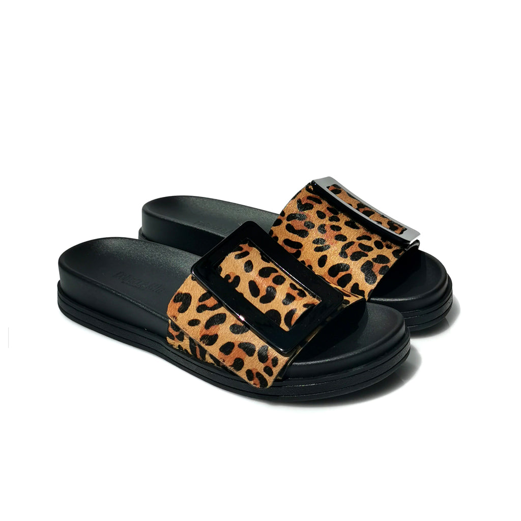 Orana leopard ponyskin-effect leather slides with statement buckle | GG42