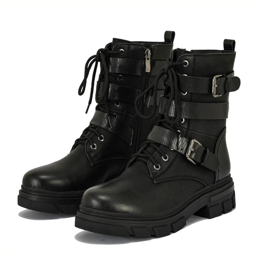 Billie rubber sole lace up combat boots with buckles | 005B