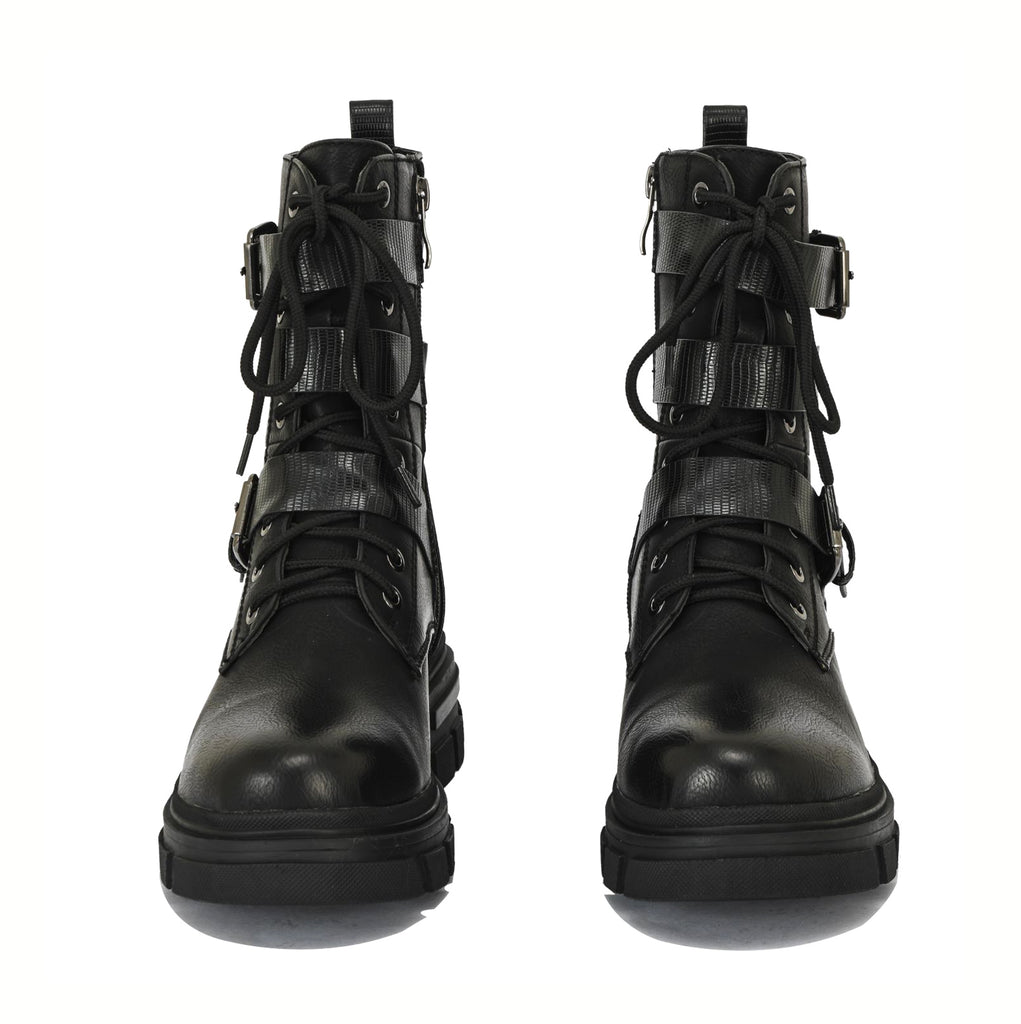 Billie rubber sole lace up combat boots with buckles | 005B