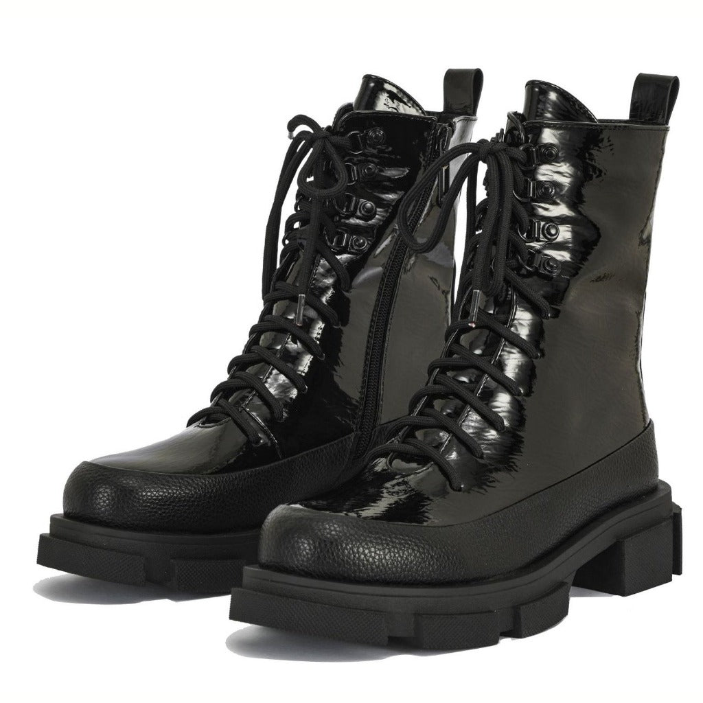 Irina rubber sole patent lace up combat boots | 004B