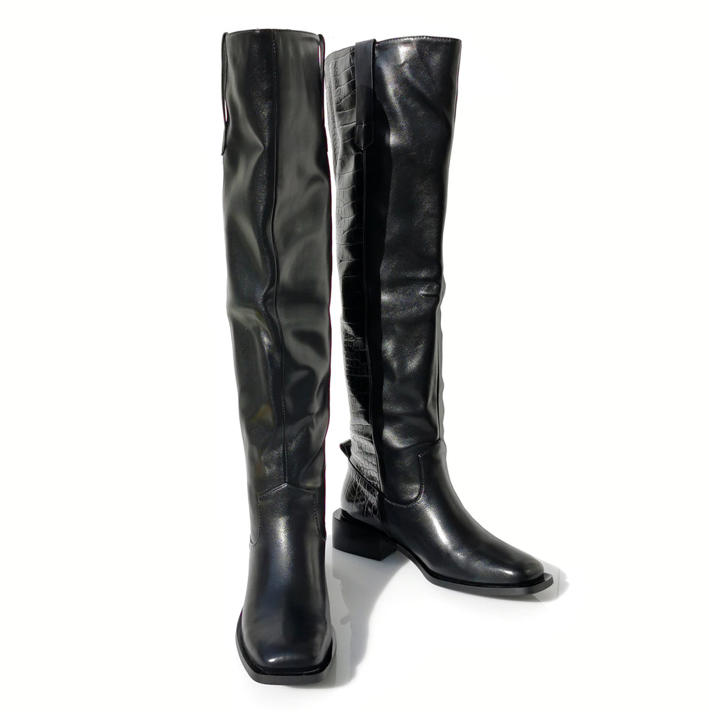 Jenna over the knee pull on flat square toe boots | 113B