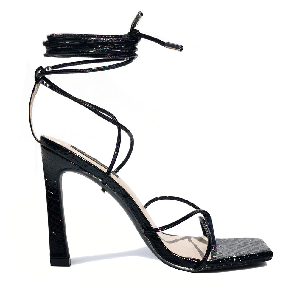 Kaia patent snake-effect lace up thong sandals | S16B