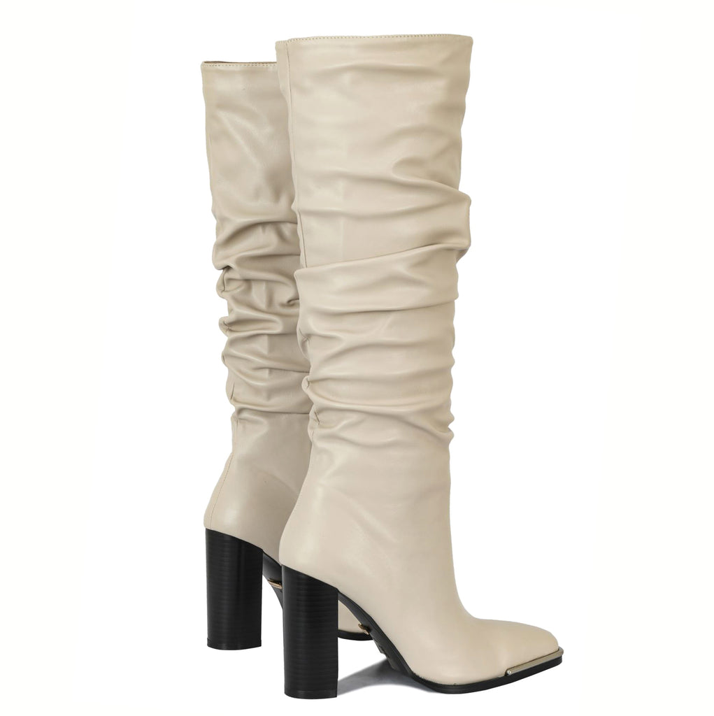 Reign square toe wrinkled block heel boots with metal details | 014W