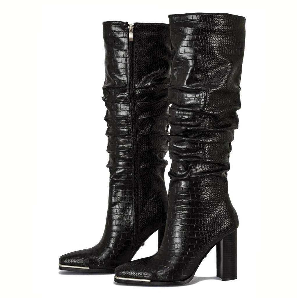 Reign croc print patent square toe wrinkled block heel boots with metal details | 014CB