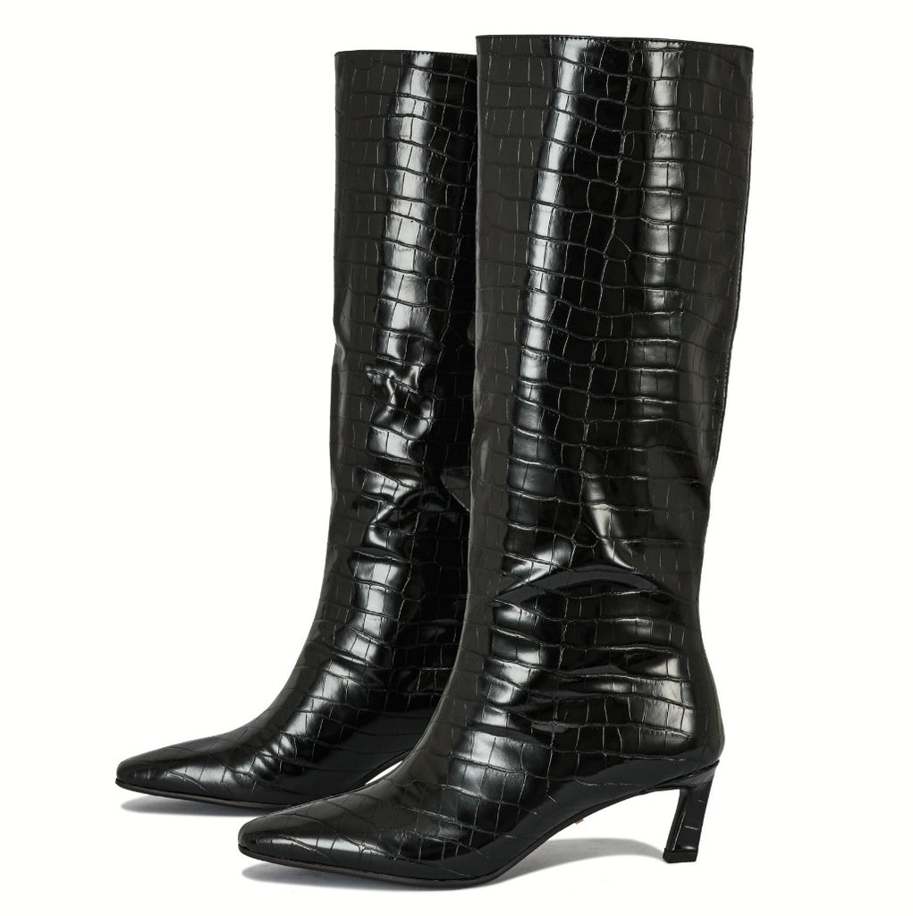 Celine kitten heel croc embossed patent knee high pull on boots | 009CB