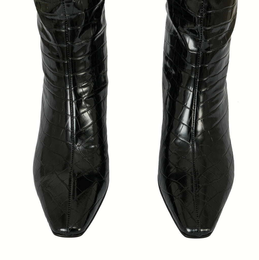 Celine kitten heel croc embossed patent knee high pull on boots | 009CB
