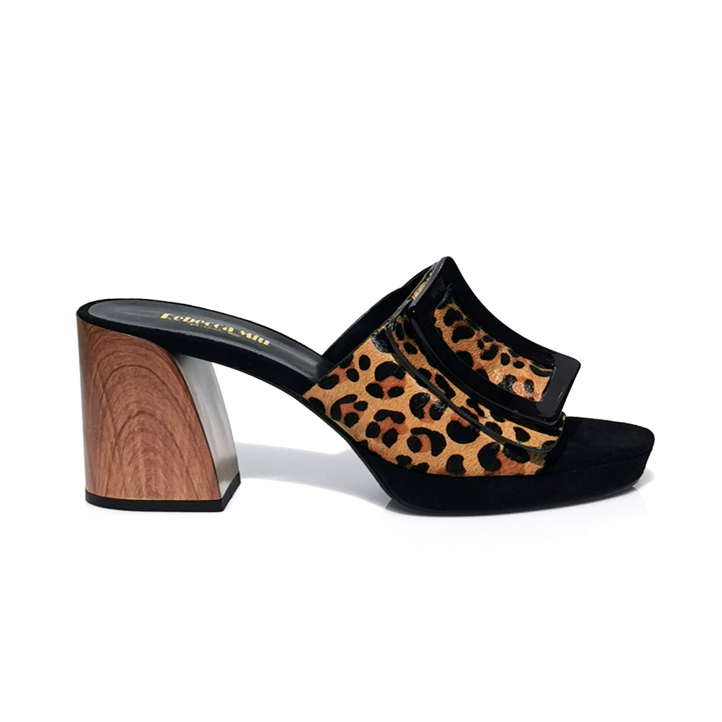 Orana leopard ponyskin-effect leather mules with statement buckle | M102L