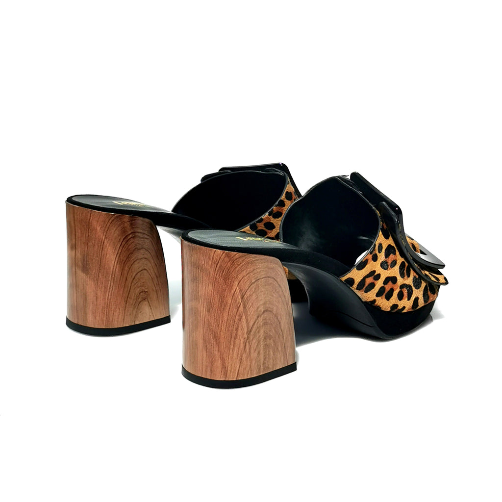 Orana leopard ponyskin-effect leather mules with statement buckle | M102L