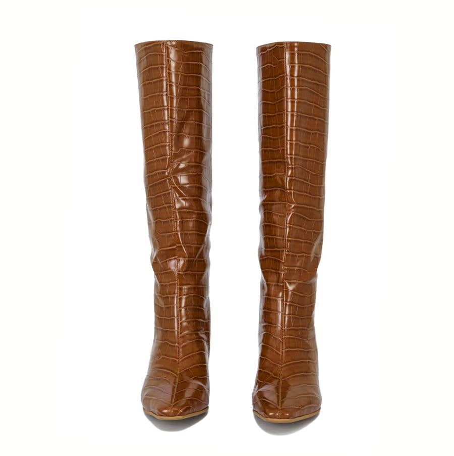 Celine kitten heel croc embossed patent knee high pull on boots | 009CC