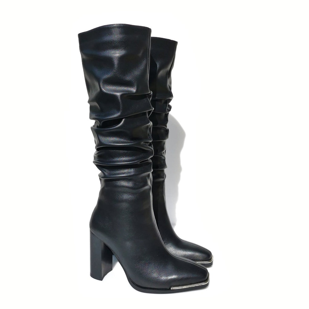 Reign square toe wrinkled block heel boots with metal details | 014BM
